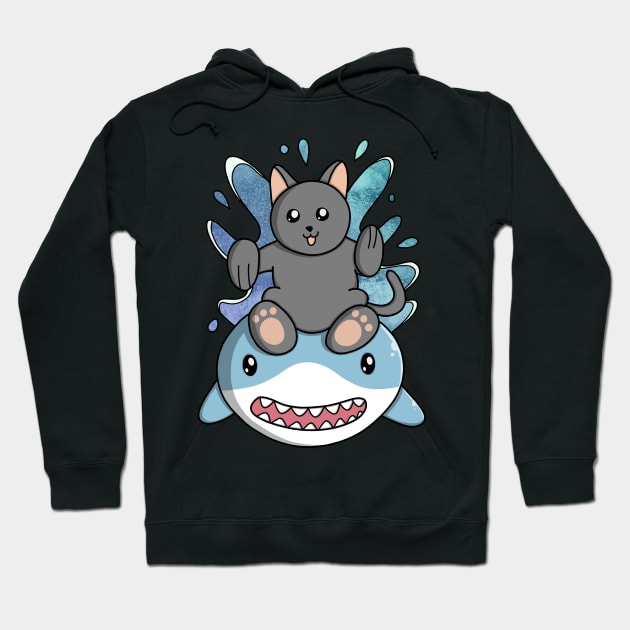 Cat Rides Swimming Shark Hoodie by pako-valor